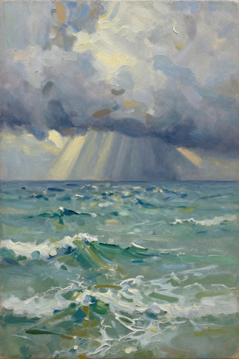 Oil painting of dark storm clouds with golden sun rays shining down onto choppy teal waves at sea.