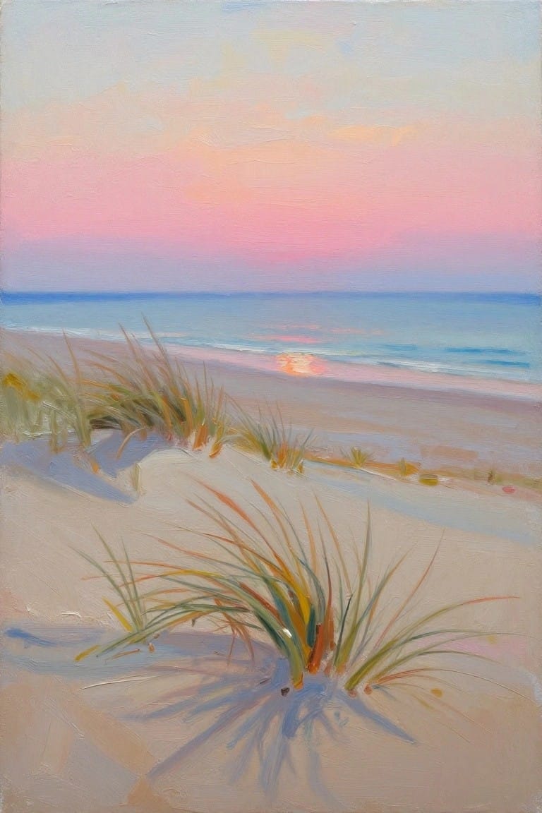Oil painting of sea grass on beige sand dunes in the foreground, leading to a beach, ocean waves, and a pink-orange sunset sky.
