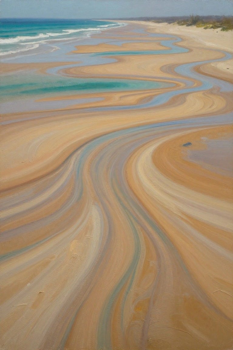 Oil painting of a beach at low tide with swirling channels of blue-green water through orange and tan sandbars, ocean waves in the background.