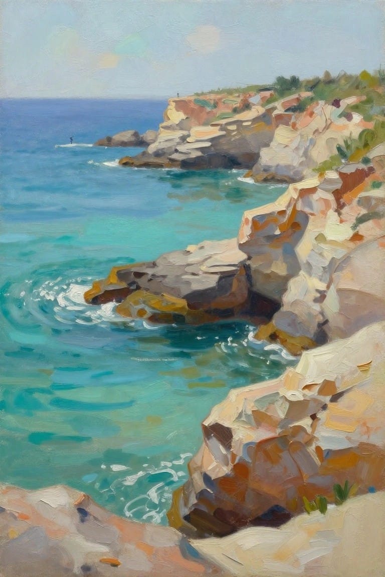 Oil painting of orange cliffs and rocks meeting turquoise sea with gentle waves and distant horizon.