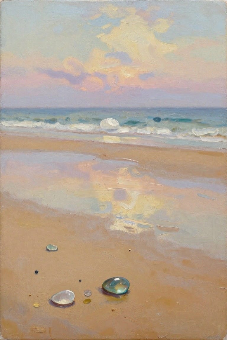 Oil painting of wet beach sand reflecting a pastel sunset sky and waves, with scattered shells, sea glass, and a blue bead in the foreground.