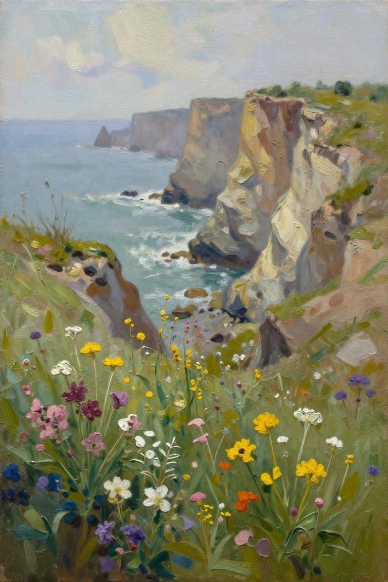 Oil painting of colorful wildflowers in grassy foreground overlooking steep ochre and white cliffs, turquoise ocean waves, rocks, and cloudy sky.