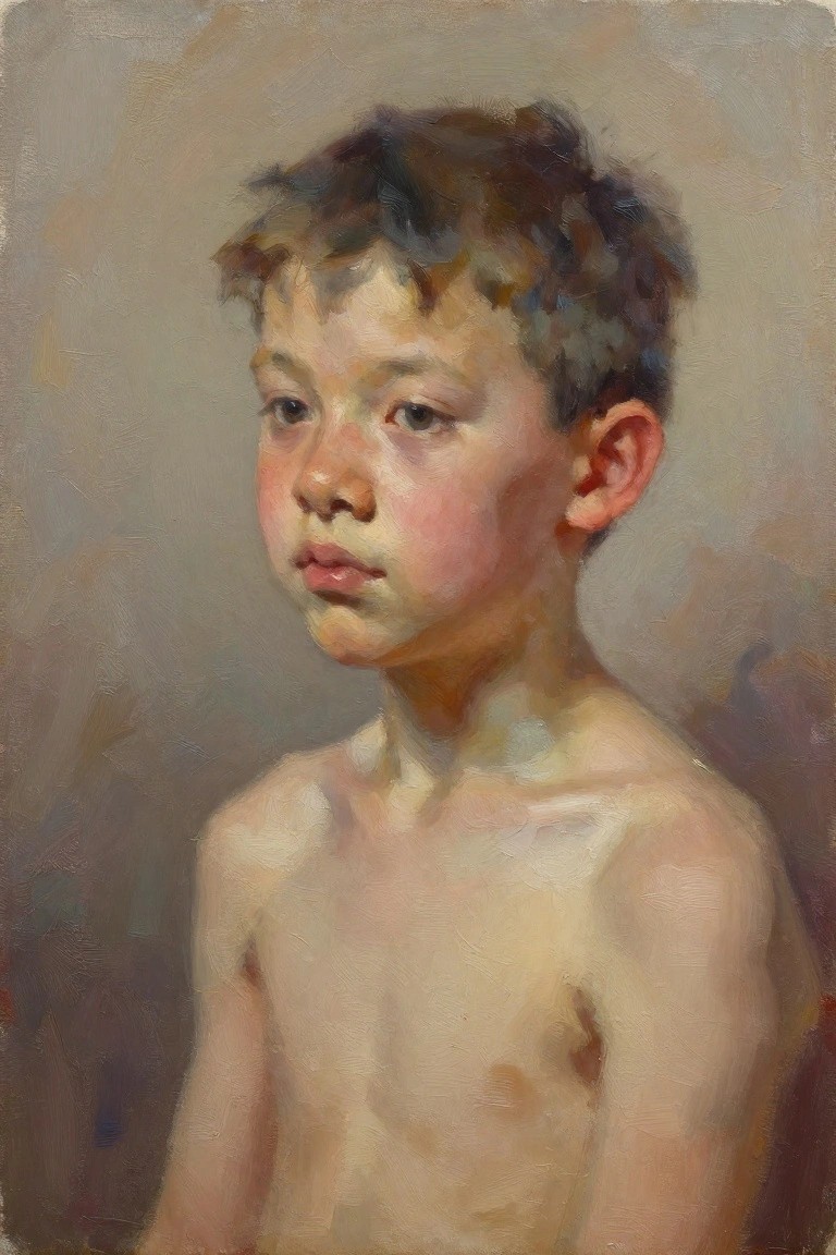 Oil portrait of a shirtless young boy with curly brown hair, looking sideways against a beige background.