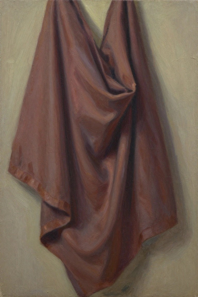 Oil painting of a maroon cloth draped and hanging against a neutral background with soft folds and blended shadows.