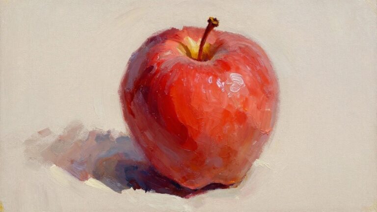 18 Foolproof Oil Painting Practice Exercises For Beginners Oil painting of a single glossy red apple with stem, highlights, and subtle shadows on a beige background.