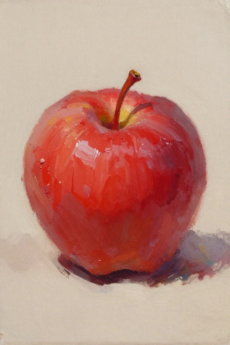 Oil painting of a single glossy red apple with stem, highlights, and subtle shadows on a beige background.
