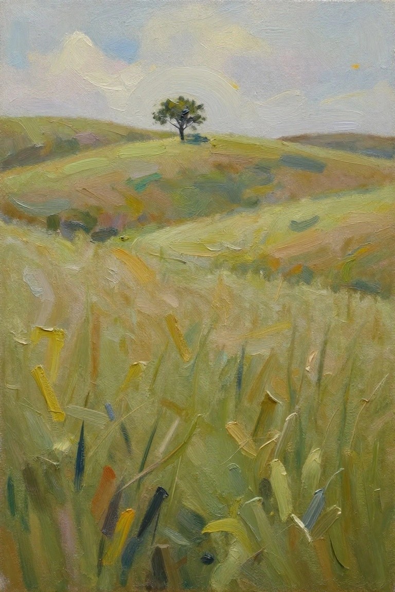 Oil painting of rolling hills with green and gold wheat grasses in the foreground, a lone tree on a hill, and a soft cloudy sky.