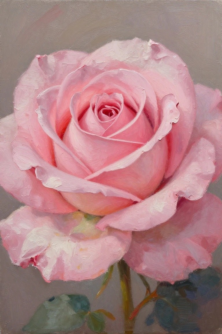 Realistic oil painting of a close-up pink rose with textured petals, stem, and leaves on a neutral gray background.