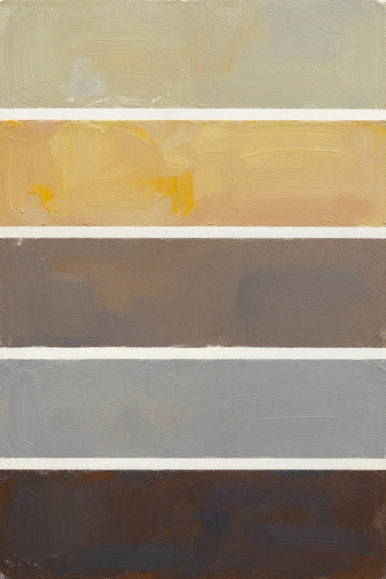 Five stacked horizontal oil paint swatches in neutral tones from light beige to dark brown, with visible impasto brushstrokes and white dividing lines.