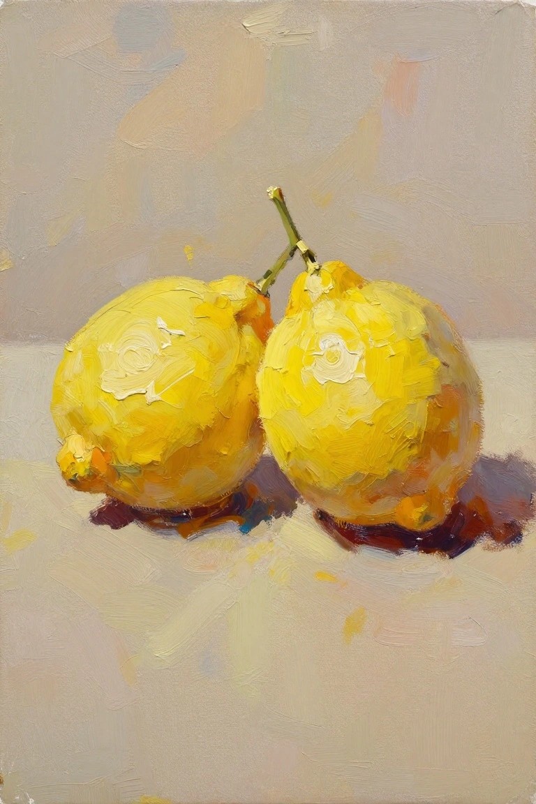 Oil painting of two yellow lemons touching at crossed stems on a beige background with impasto texture and soft shadows.