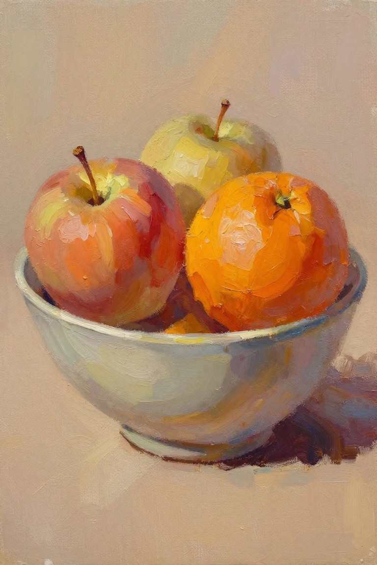 Oil painting of red, yellow-green, and pale apples with an orange in a white bowl on beige background.