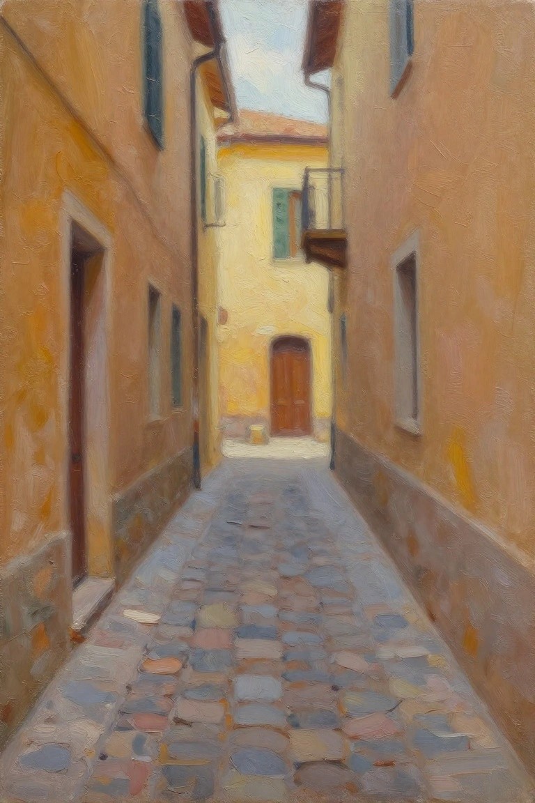 Oil painting of a narrow cobblestone alley between tall yellow ochre walls with green shutters, a balcony, and a distant wooden door.