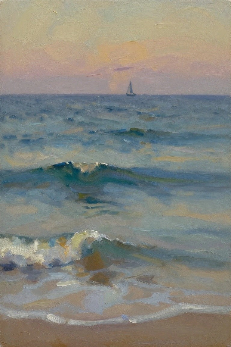 Oil painting of sunset sky over ocean with distant sailboat, layered waves, and beach foreground.