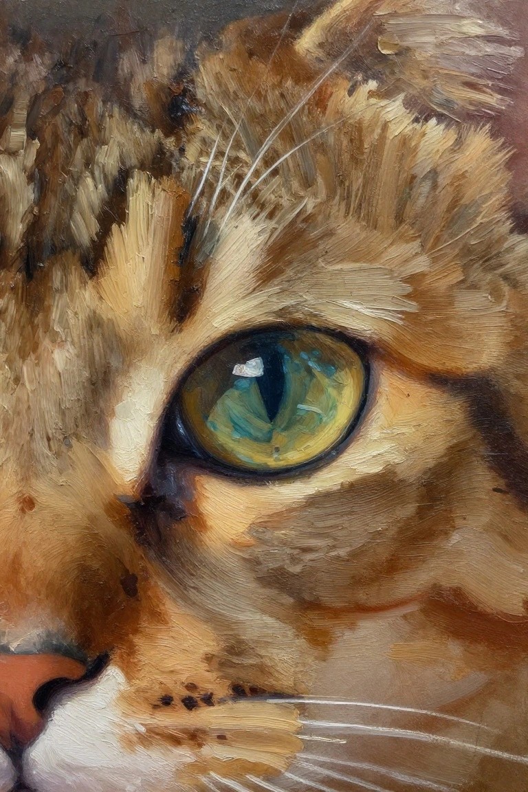 Oil painting of a tabby cat's face in close-up, featuring a detailed green eye with reflection and textured brown fur.