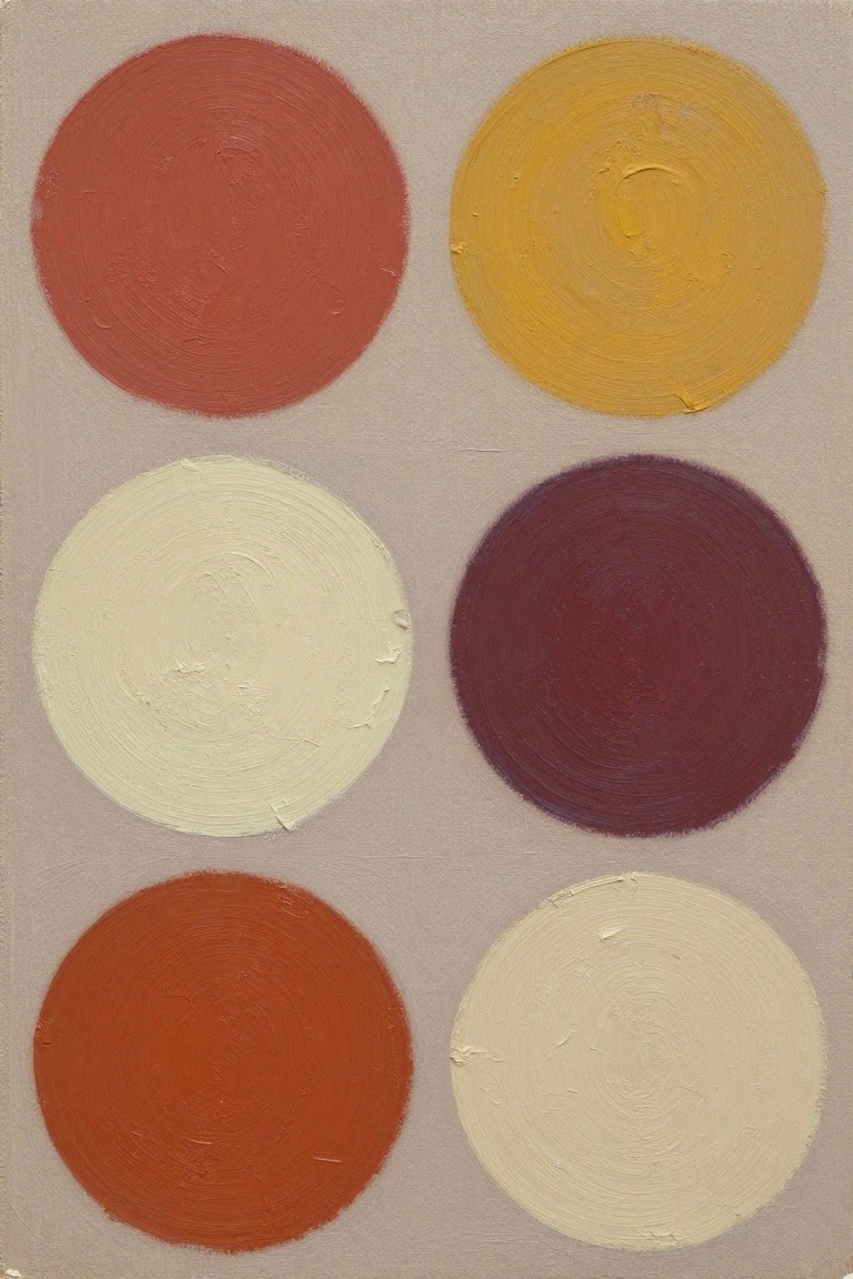 Oil painting of six textured circles in coral, yellow, cream, maroon, and repeats with swirling brushwork on beige canvas.