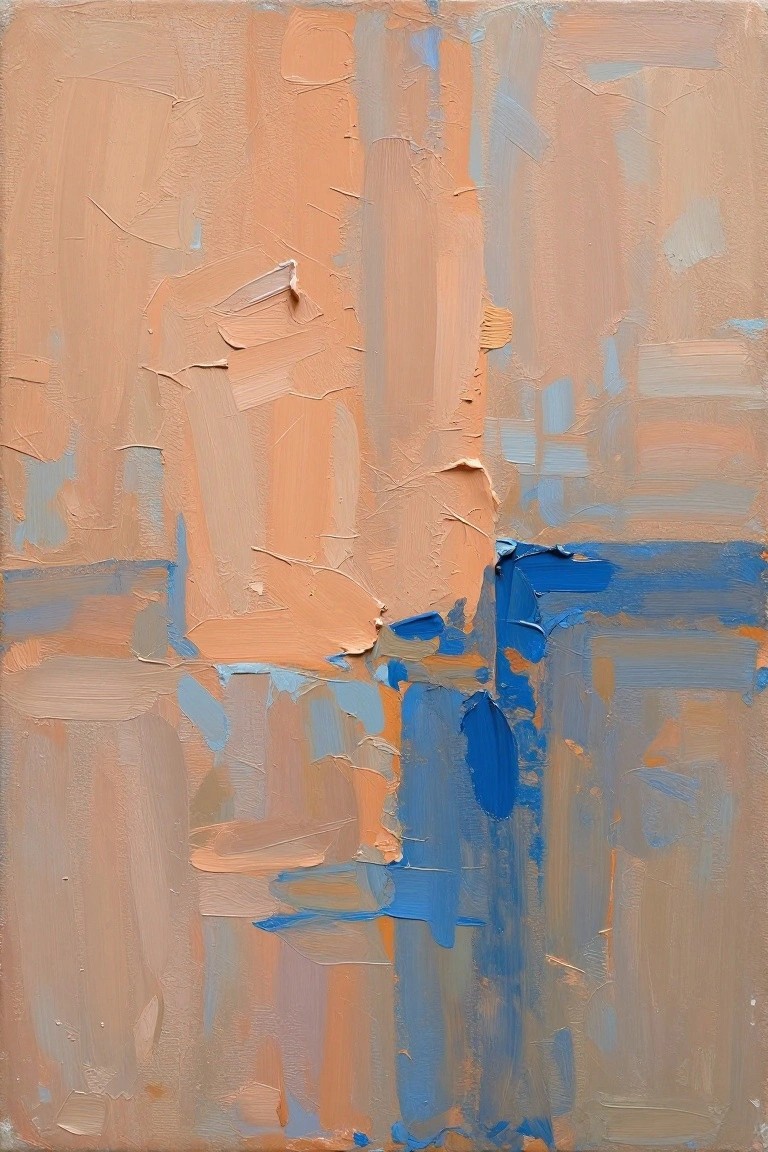 Abstract oil painting with vertical warm orange and peach bands intersected by textured blue shapes on a rectangular canvas.