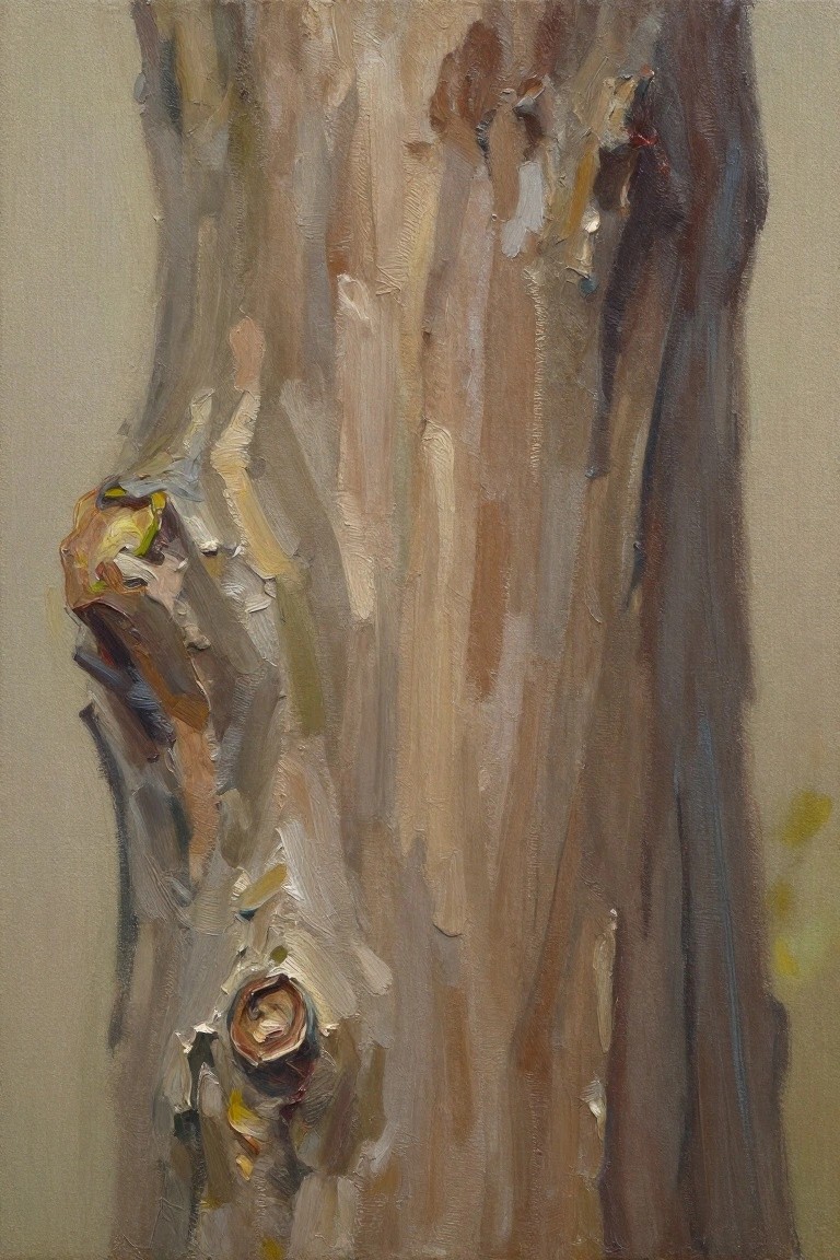 Oil painting close-up of rough tree bark with thick impasto brushstrokes in beige, brown, gray, and subtle yellow-green tones.