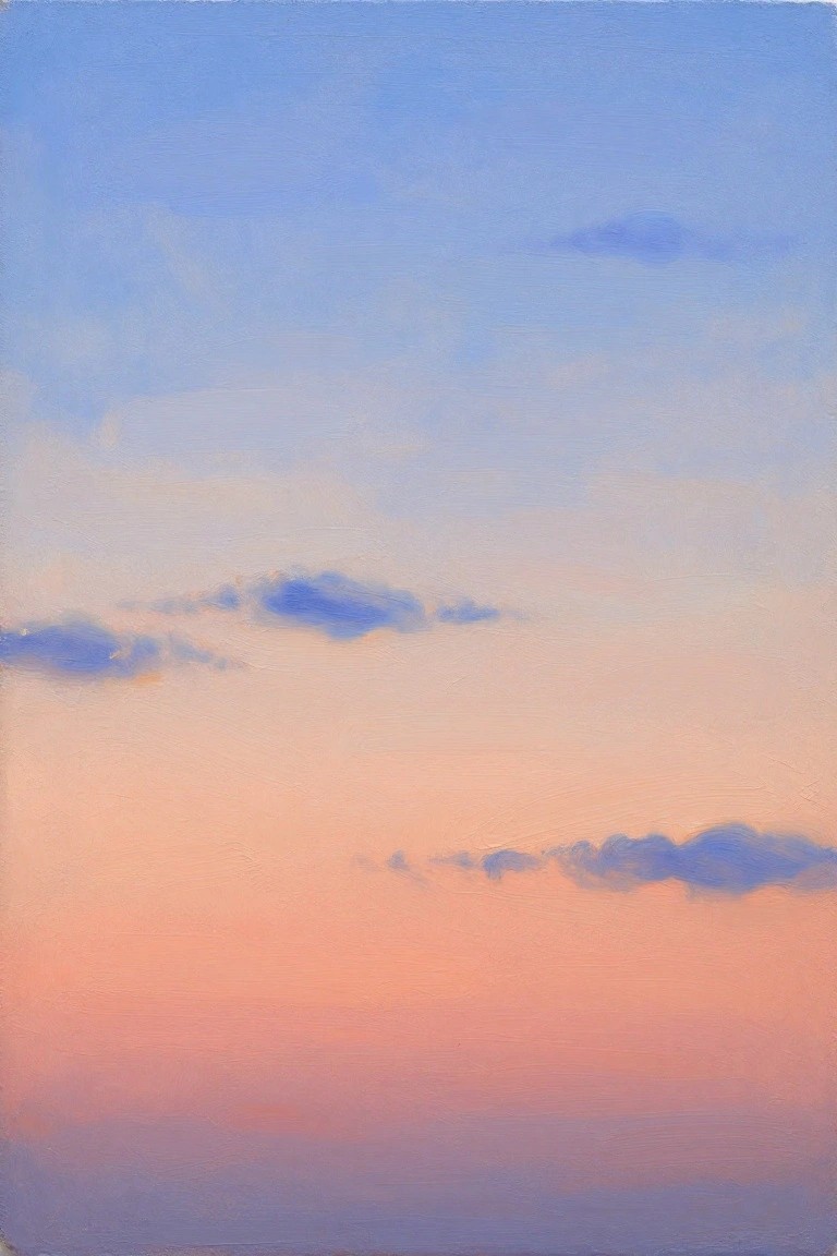 Vertical oil painting of a sky fading from blue at the top to pink and orange at the bottom, with scattered fluffy blue-tinged clouds.