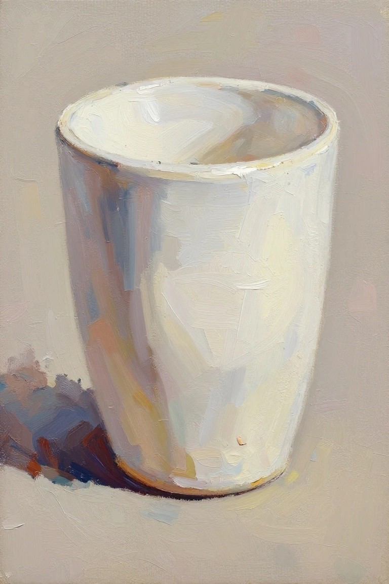 Oil painting of a white ceramic mug on a beige background with subtle shadows and soft brushwork.
