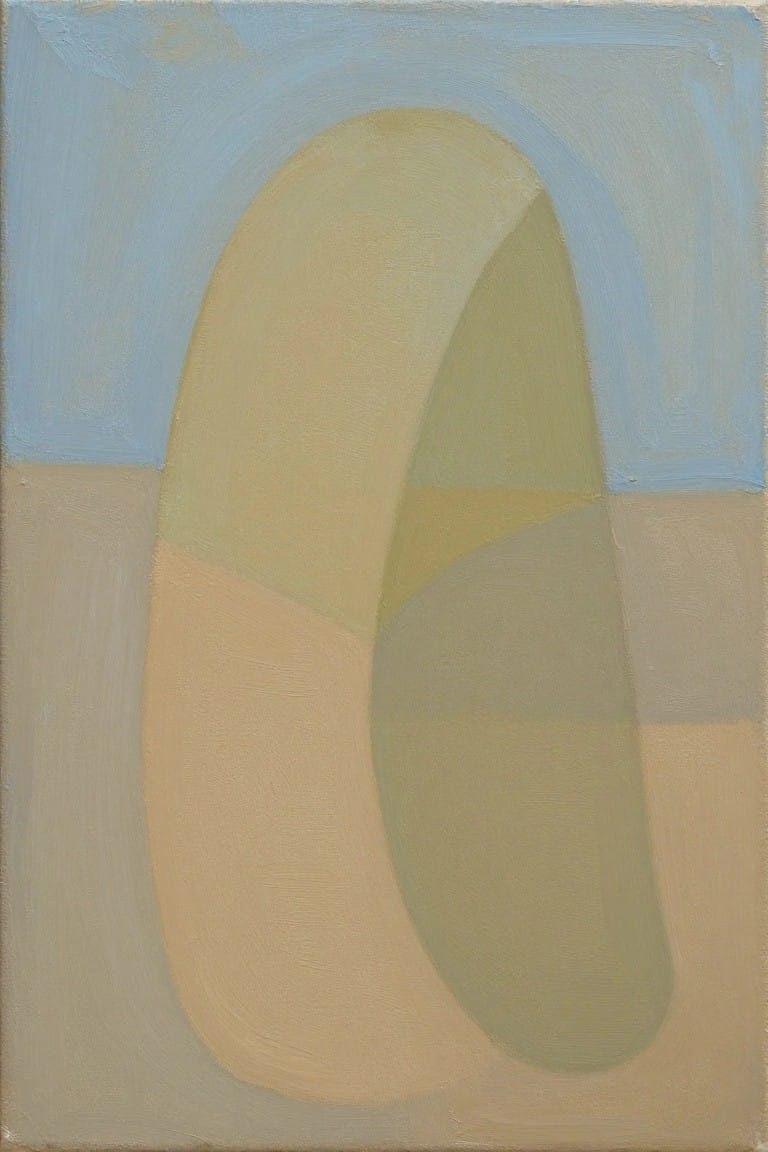 Abstract oil painting with overlapping curved shapes in soft blues, yellows, greens, beiges, and grays on a textured canvas.