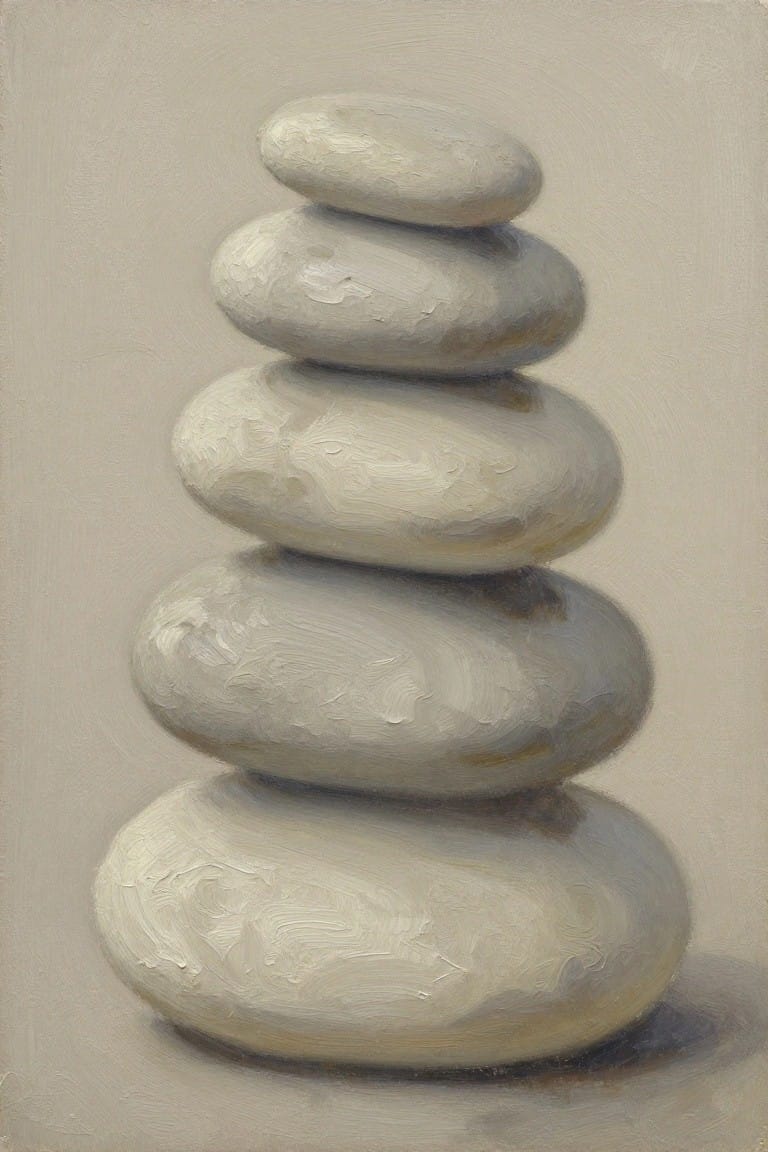 Oil painting of five smooth off-white stones stacked vertically with subtle shadows on a beige background.