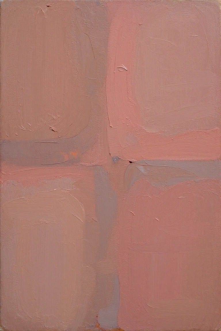 Abstract oil painting divided into four soft beige-pink quadrants by a central grayish cross, with textured brushwork on canvas.