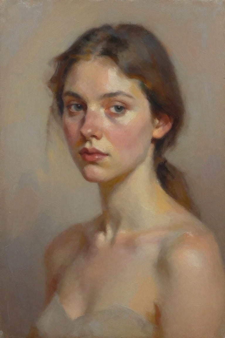 Oil painting of a young woman in close-up portrait with loose brown hair, bare shoulders, soft facial glow, and neutral background.