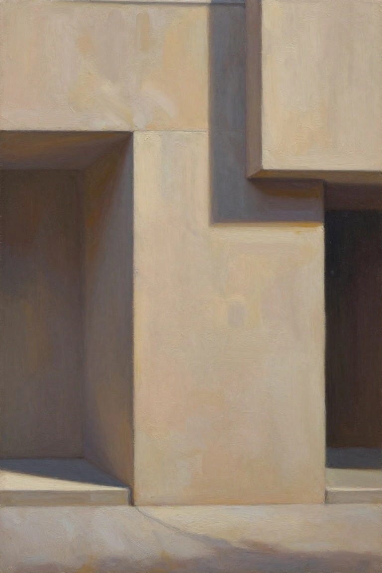 Oil painting featuring beige and tan geometric blocks arranged as abstract architecture with recessed areas and soft shadows.