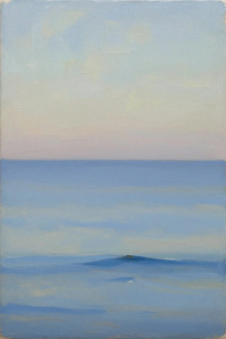 Oil painting of a horizontal blue sea with subtle waves under a gradient sky from pale pink to blue.