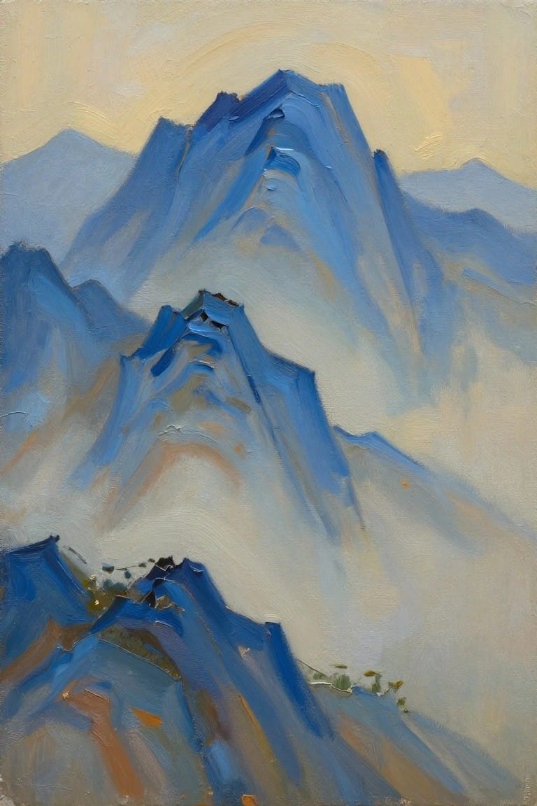 Oil painting of multiple blue mountain peaks shrouded in mist with overlapping ridges, a small dark structure on one peak, yellow light above, and green patches at the base.
