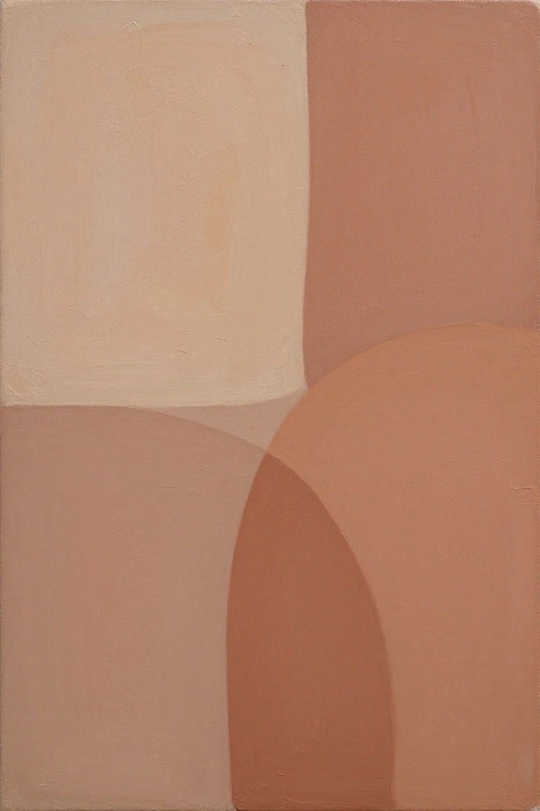 Abstract oil painting of overlapping beige and brown squares and circles on a quartered canvas with soft blended edges.