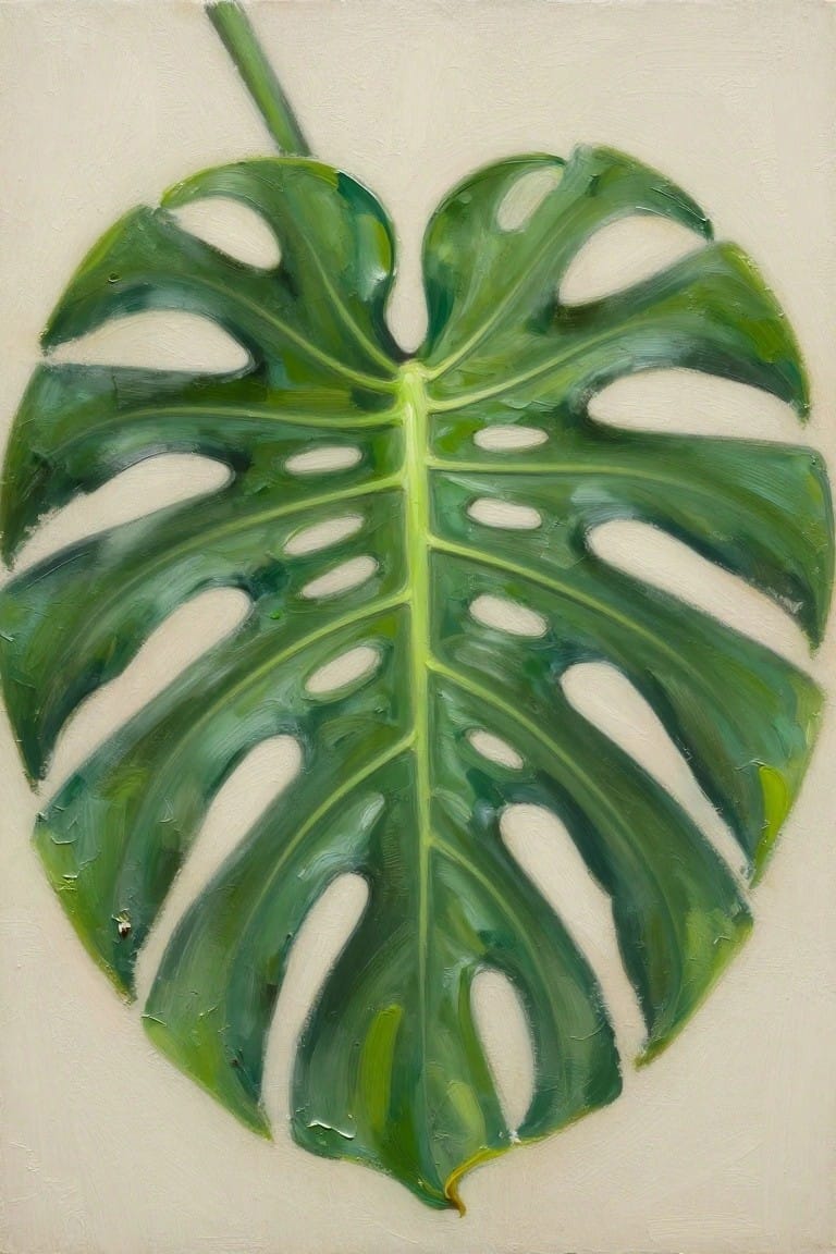 Oil painting of a single large green Monstera leaf with holes, veins, and glossy texture on a light beige background.