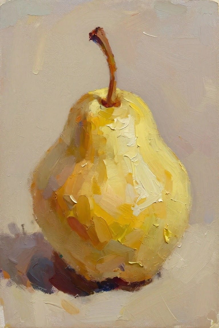 Oil painting of a yellow pear with reddish stem on a neutral background, featuring textured brushwork and soft side lighting.