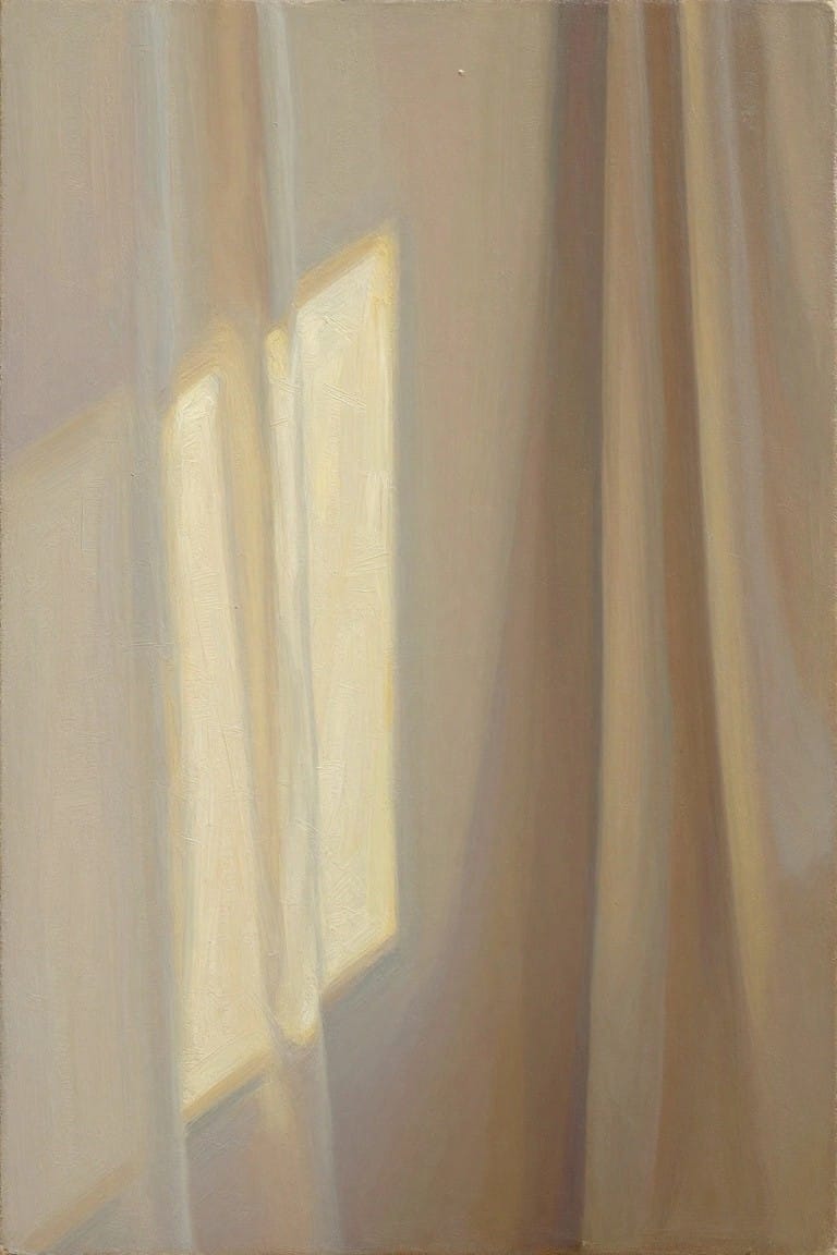 Oil painting depicting sheer beige curtains draped beside a window with soft yellow light filtering through and casting subtle shadows.
