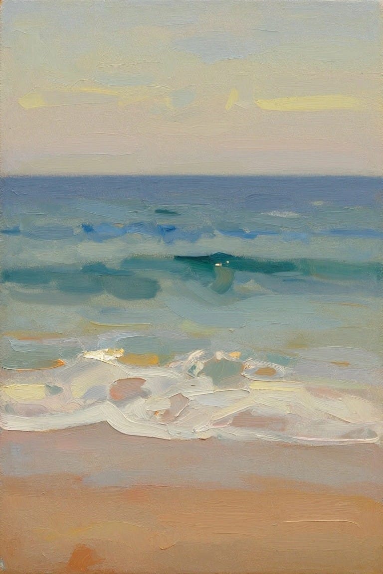 Oil painting depicting a calm beach with foamy turquoise waves on beige sand under a pastel sky with soft clouds.