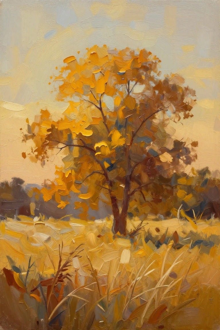 Oil painting of a single yellow-orange autumn tree centered in a field of golden grasses under a pale sky.