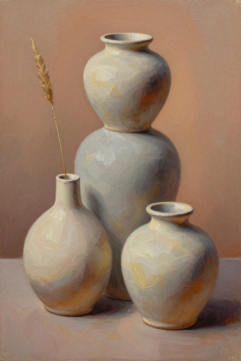Oil painting of white ceramic vases stacked and grouped on a warm beige surface with a single wheat stem leaning nearby.