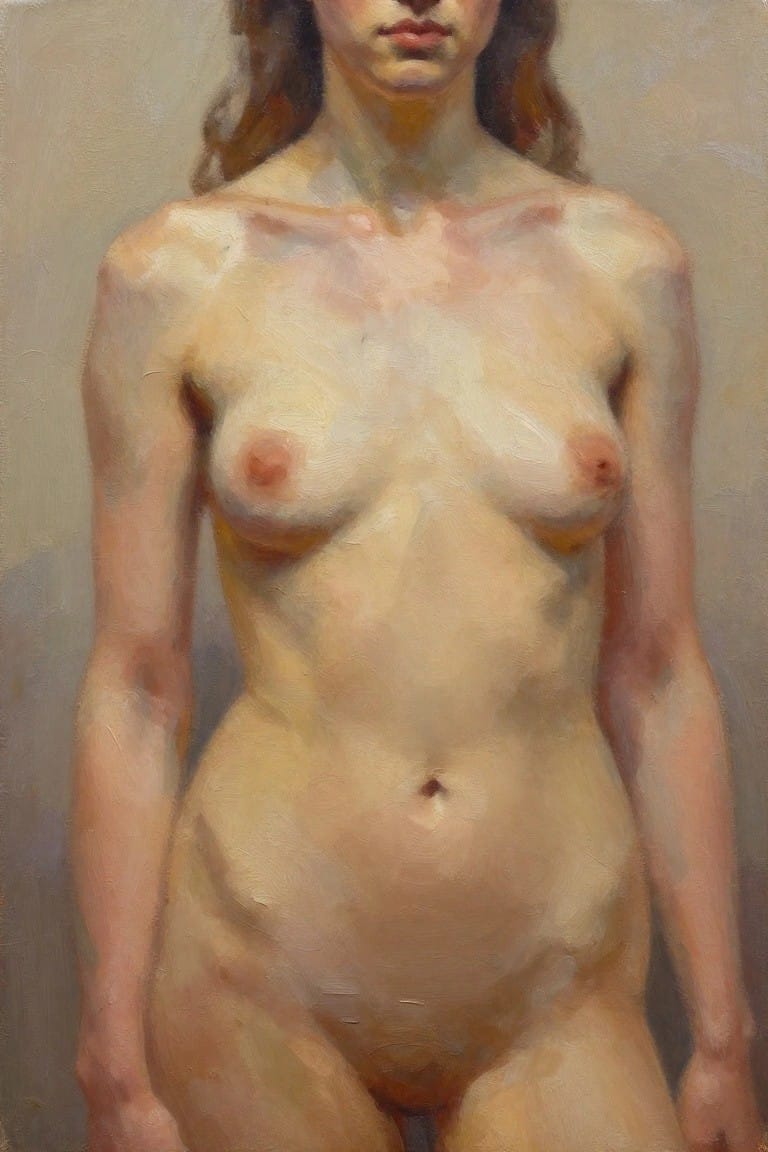 Oil painting of a standing nude woman with shoulder-length wavy red hair, pale skin, and neutral background.
