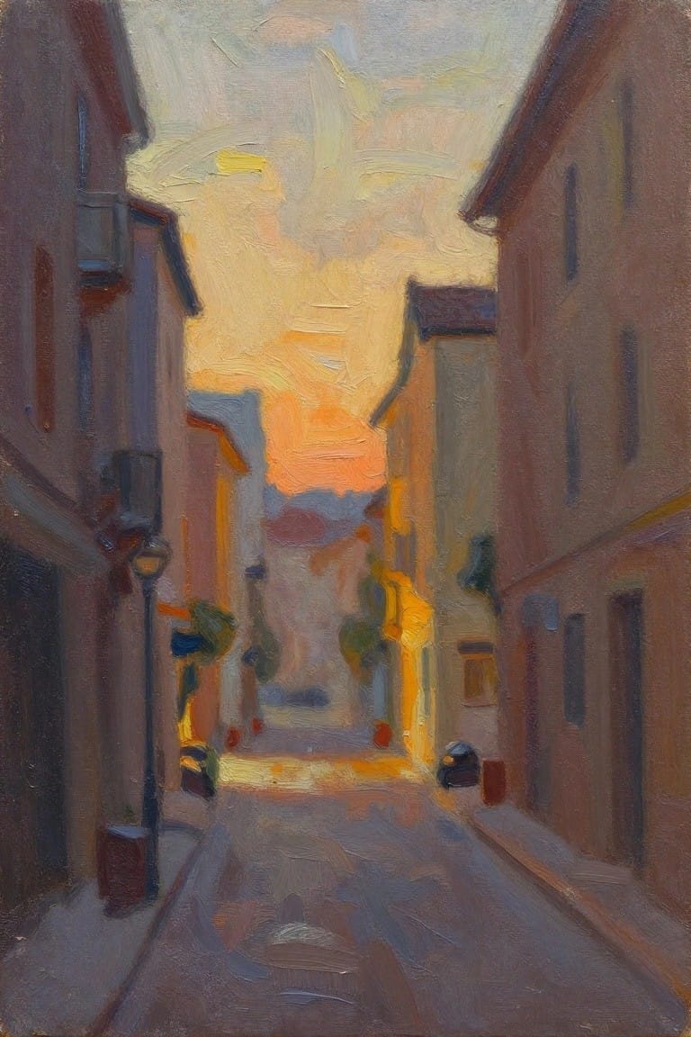 Oil painting of a narrow cobblestone street between tall ochre buildings at sunset, with warm orange sky light and a parked car near the end.