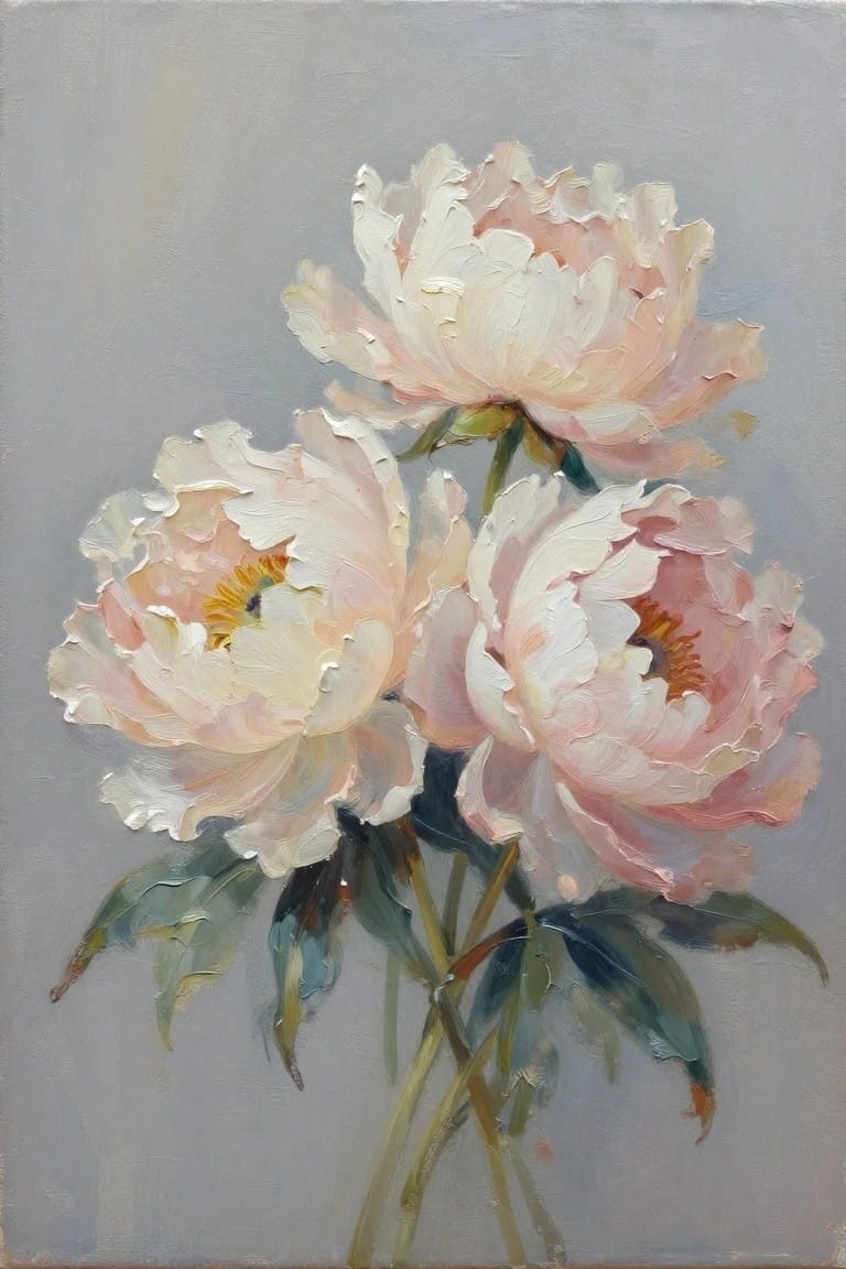 Oil painting of three pale pink and white peonies with textured petals, green leaves, and stems against a gray background.