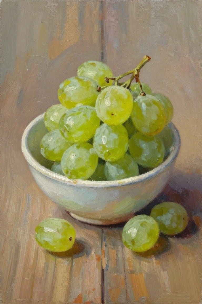 Oil painting of green grapes overflowing from a white bowl onto a wooden table, with a few grapes scattered nearby.