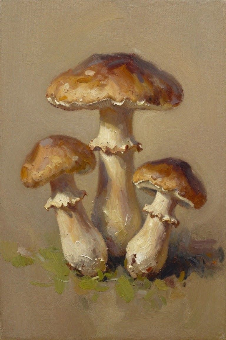 Oil painting of three clustered mushrooms with brown caps, white stems, and green moss on a beige background.
