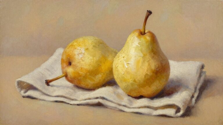 19 Beautiful Still Life Oil Painting Ideas With Simple Subjects Oil painting of two yellow pears on a white cloth against a warm orange background.