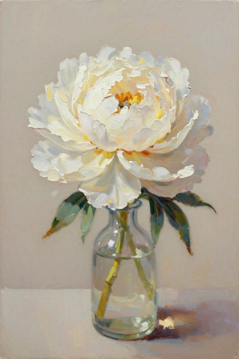 Oil painting of a large white peony flower in a clear glass vase with water and stem, on a beige background.