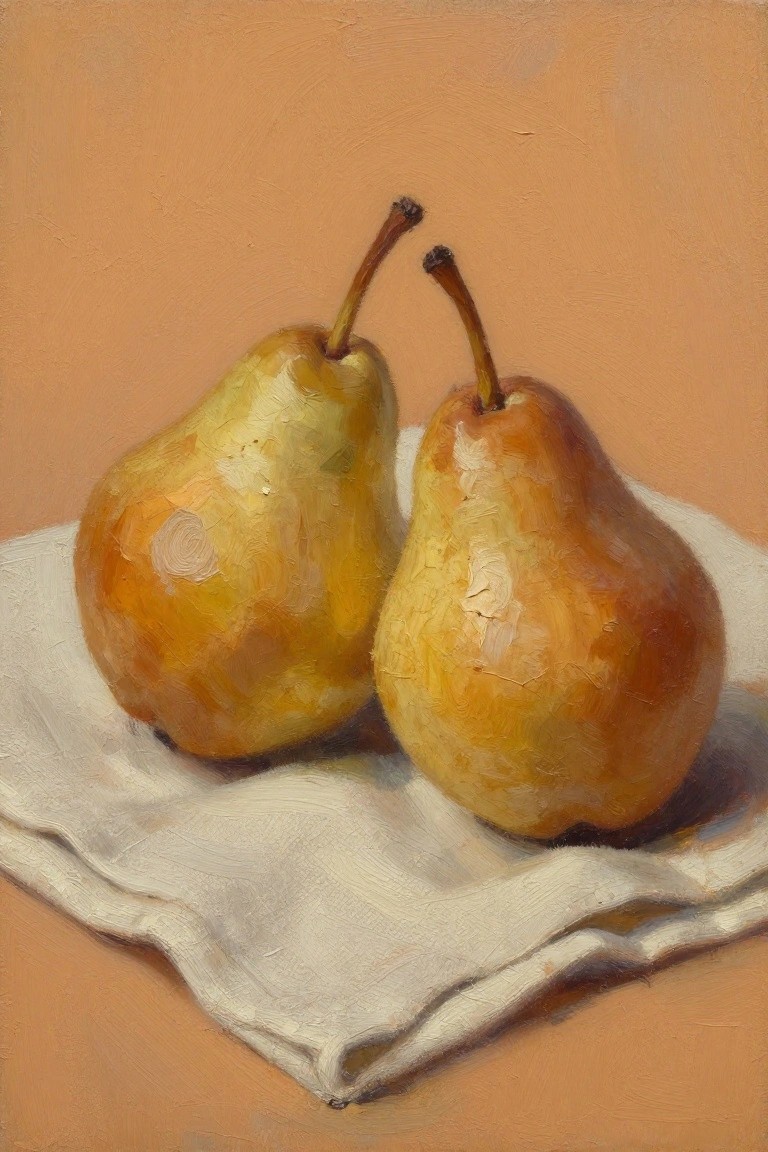 Oil painting of two yellow pears on a white cloth against a warm orange background.
