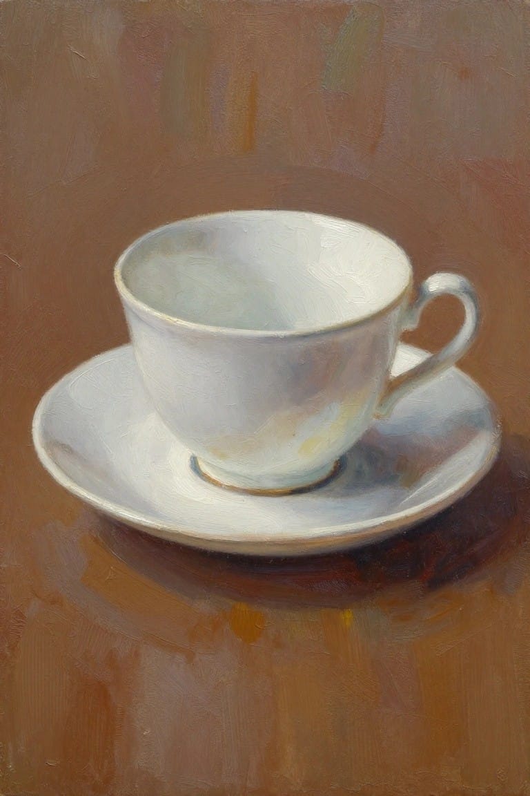 Realistic oil painting of a white teacup and saucer centered on a warm brown background with subtle shadows and brushstrokes.