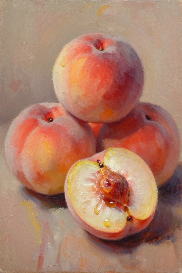 Oil painting of stacked whole peaches and one sliced open peach showing the pit, juice drops, and soft shadows on a beige background.
