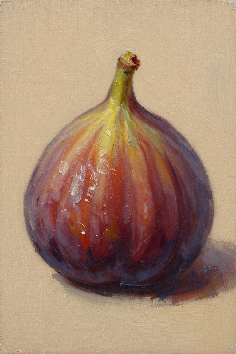 Oil painting of a single upright purple fig with yellow-green stem and subtle shadow on beige background.