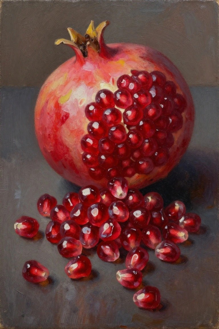 Oil painting of a split-open pomegranate with red seeds spilling onto a dark textured surface.