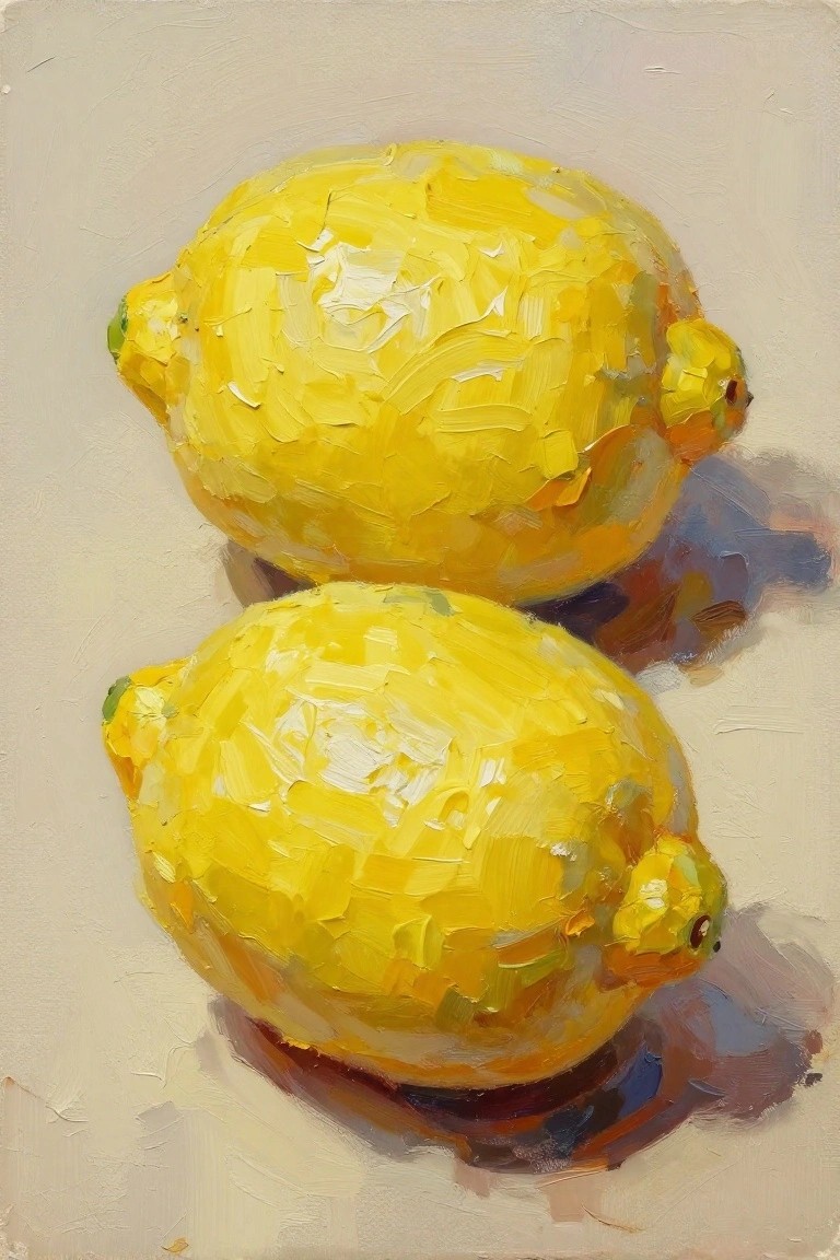 Oil painting of two yellow lemons with thick textured brushwork on a beige background.